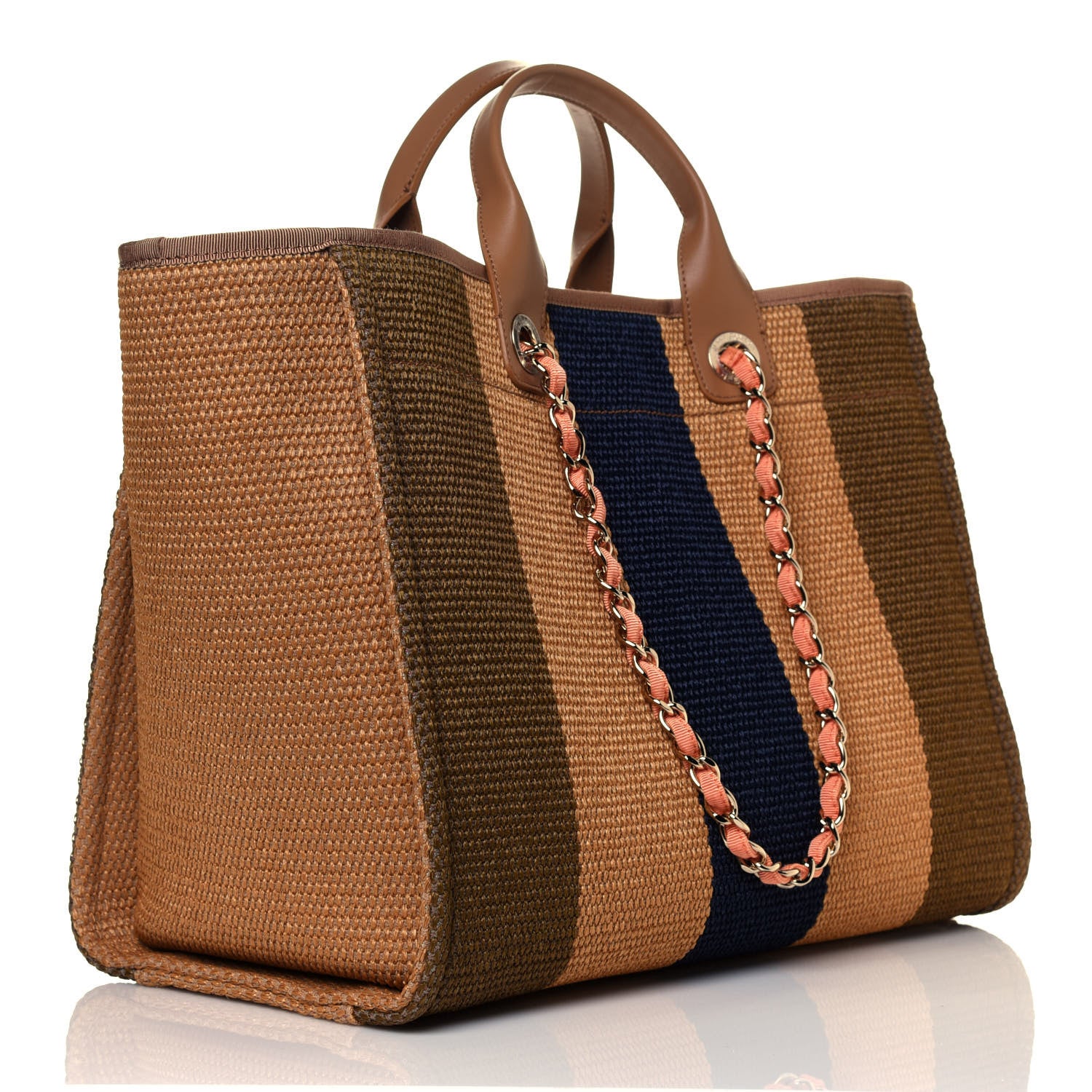 Chanel Straw Raffia Calfskin Striped Medium Deauville Tote Khaki Beige Navy Blue 2 of 4