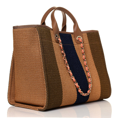 Chanel Straw Raffia Calfskin Striped Medium Deauville Tote Khaki Beige Navy Blue 2 of 4