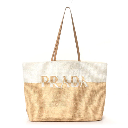 Prada Yarn Raffia Effect Crochet Vitello Logo Shopping Tote Naturale White 1 of 9