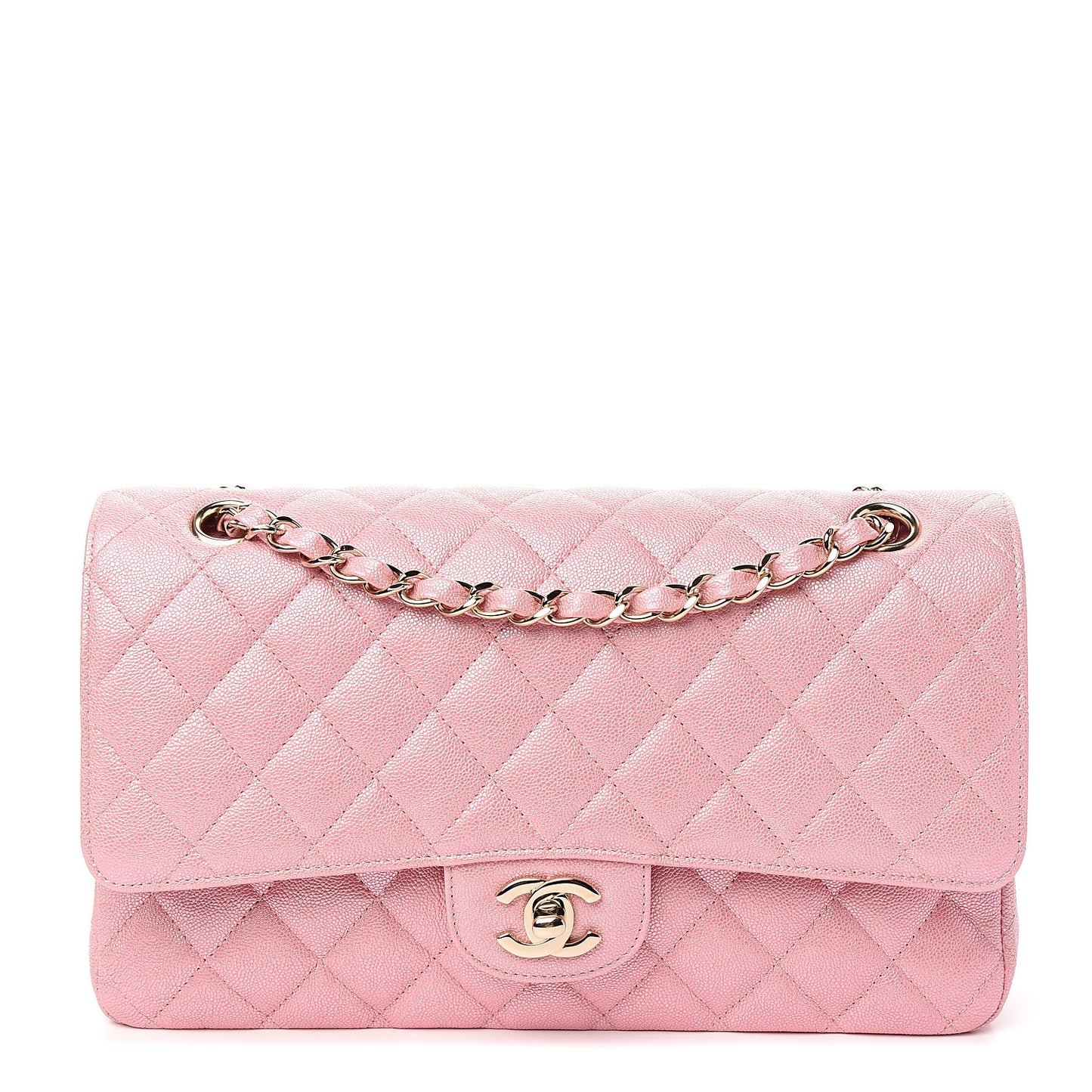 Iridescent Caviar Quilted Medium Double Flap Rose Pink