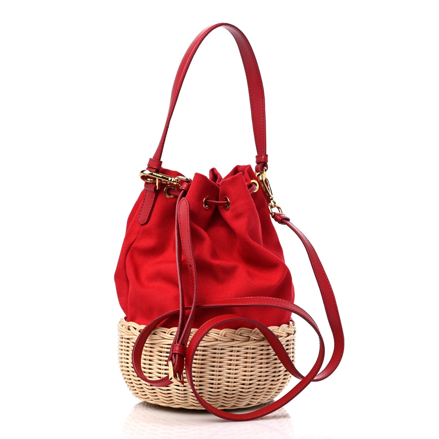 Prada Wicker Canvas Bucket Bag Rosso 3 of 9
