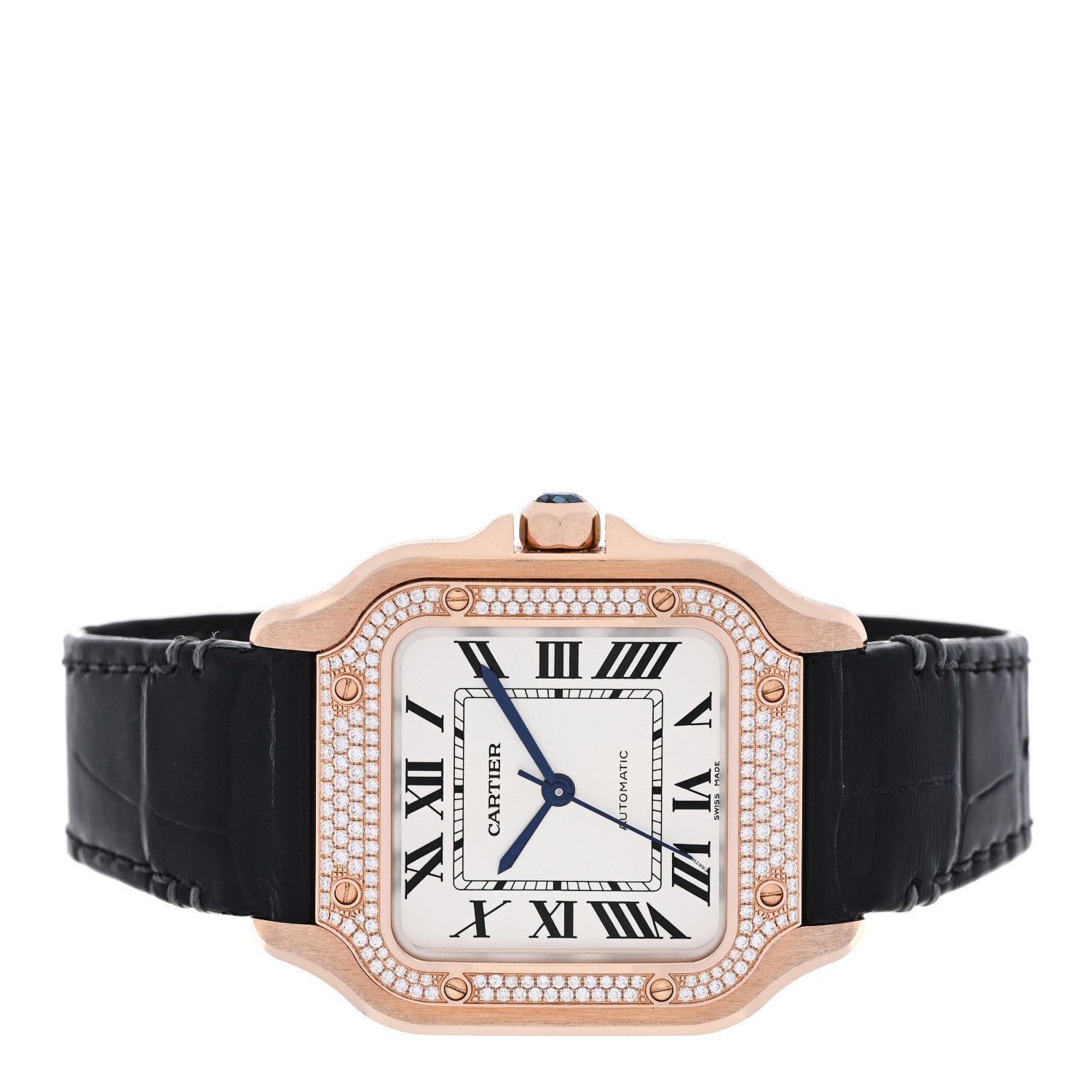 Cartier 18K Pink Gold Alligator Diamond Bezel 35mm Santos Dumont Automatic Watch Black 2 of 5