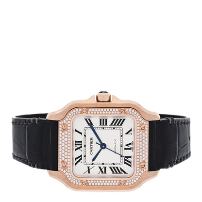 Cartier 18K Pink Gold Alligator Diamond Bezel 35mm Santos Dumont Automatic Watch Black 2 of 5