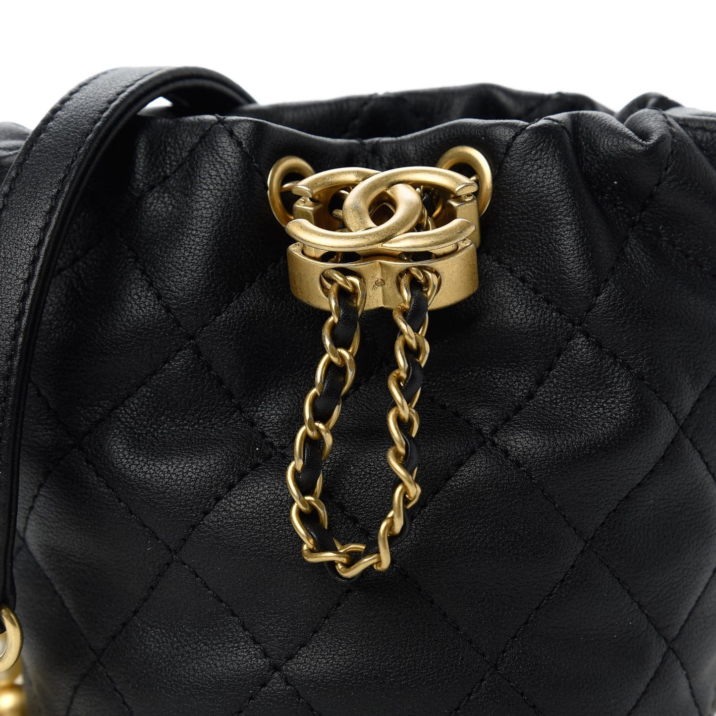 Calfskin Quilted Pearl Mini About Pearls Drawstring Bucket Bag Black