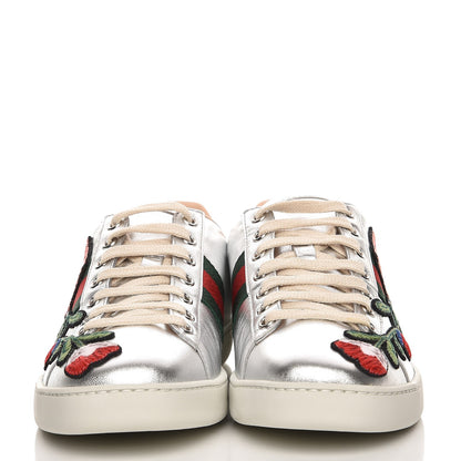 Gucci Metallic Calfskin Floral Embroidered Ace Sneakers 38 Silver 3 of 11