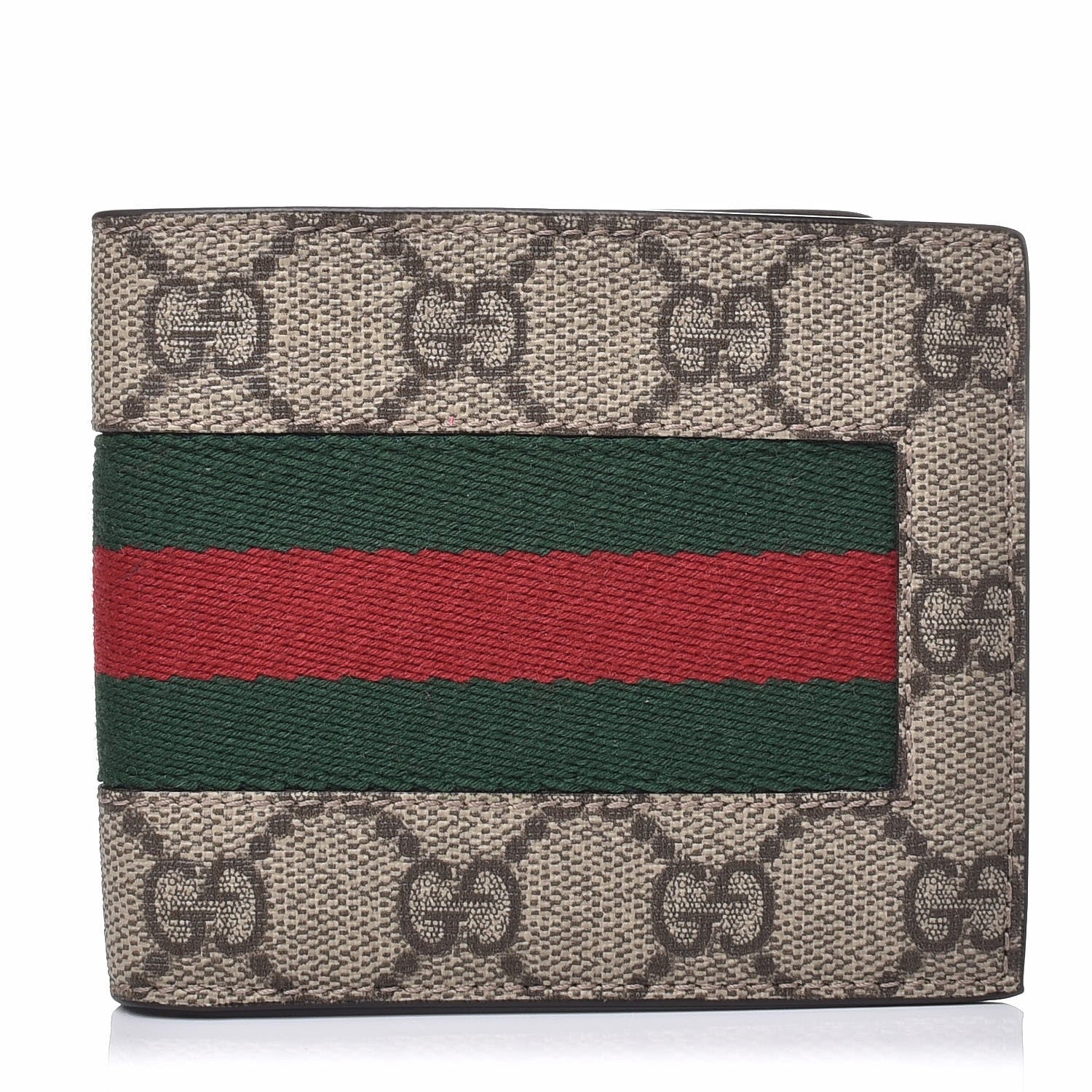Gucci GG Supreme Monogram Selleria Calfskin Web New Web Bi-Fold Wallet Beige Ebony Cocoa 1 of 7