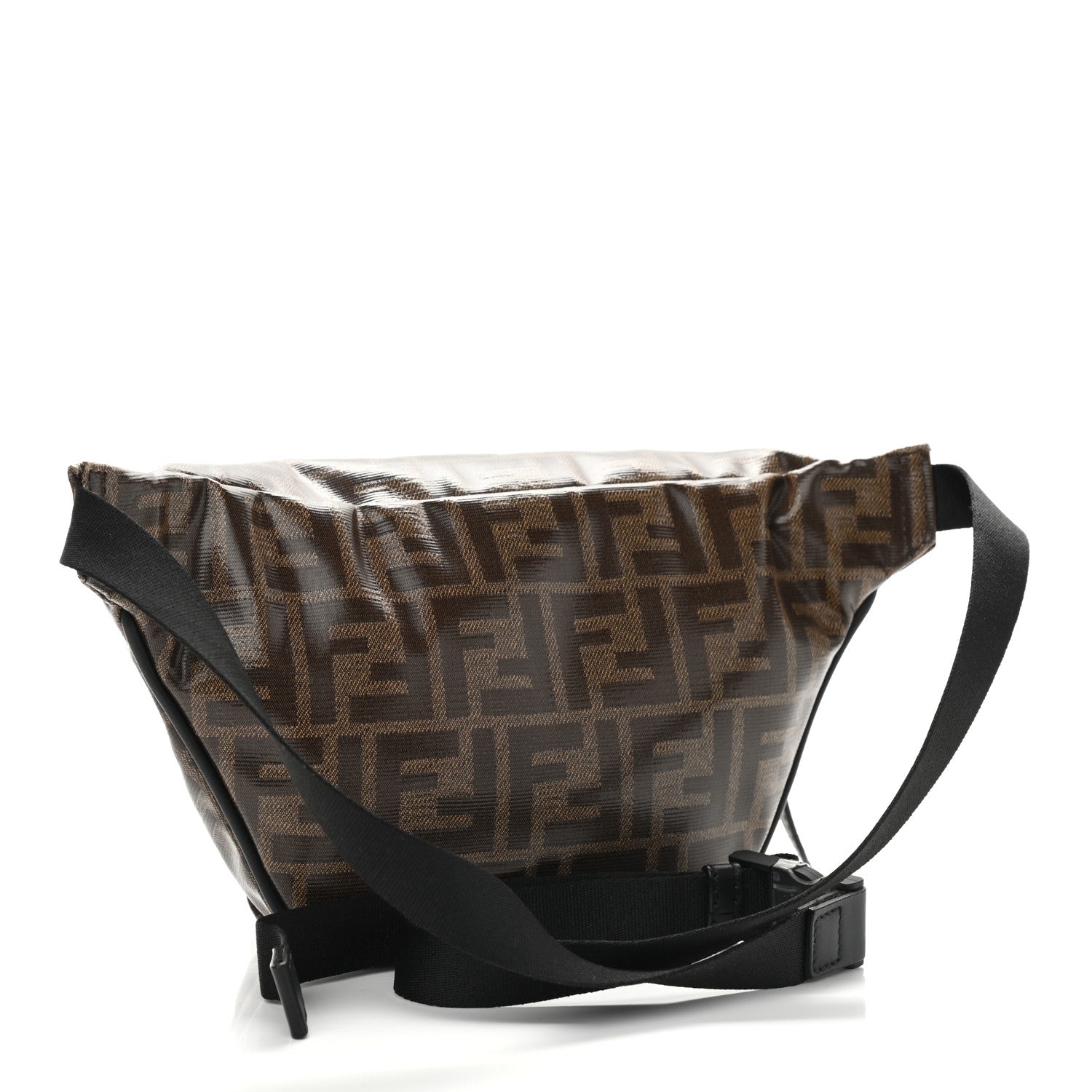 Fendi Glazed Fabric Vitello Century FF 1974 Stamp Patch Mens Pocket Belt Bag Mogano Panna Black 3 of 9