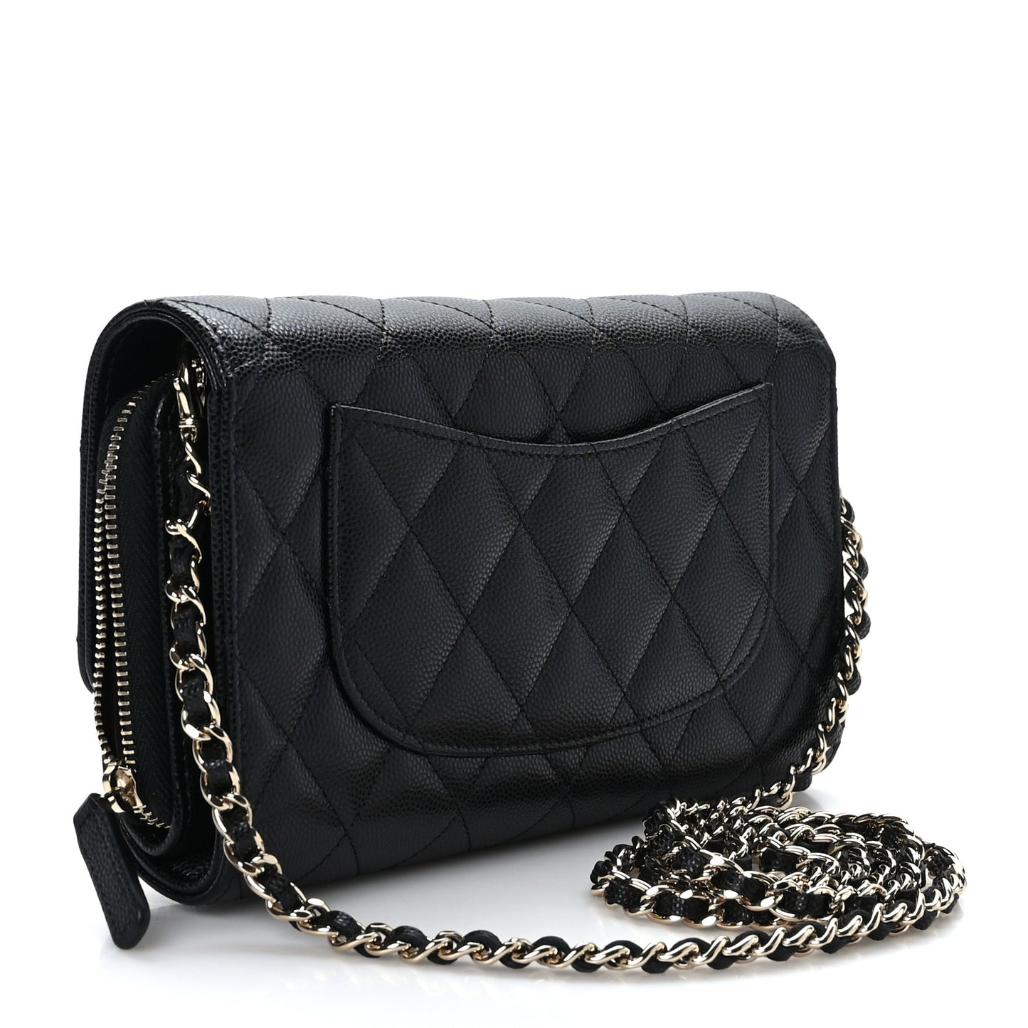 Caviar Quilted Phone Holder Wallet on Removable Chain Black
