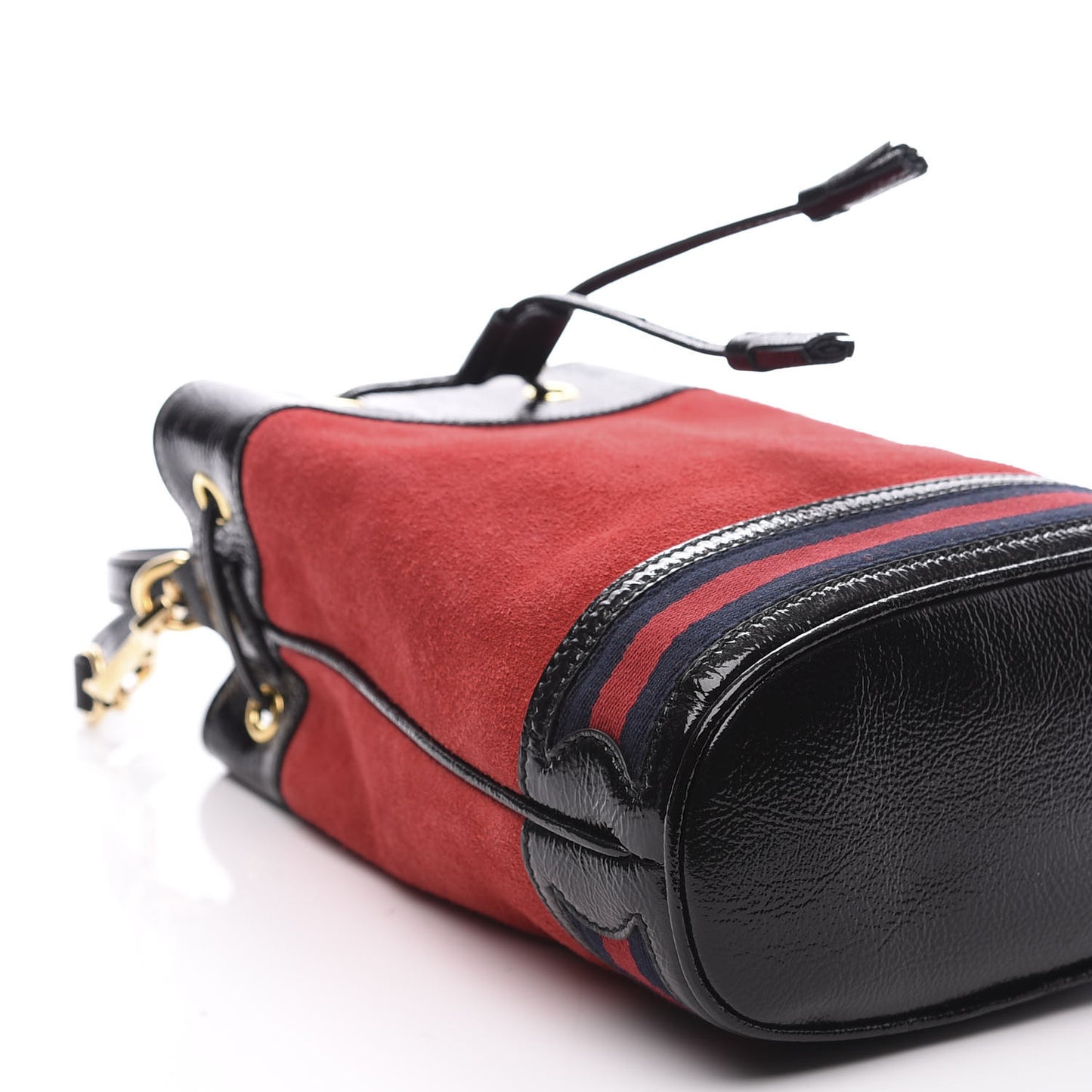 Suede Patent Web Small Ophidia Bucket Bag Hibiscus Red Black