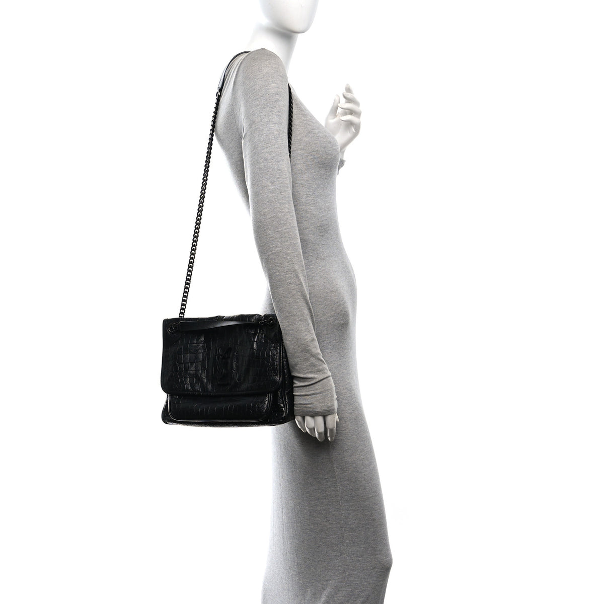 Crocodile Embossed Lambskin Monogram Medium Niki Chain Satchel Black