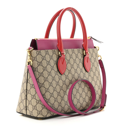 Gucci GG Supreme Monogram Moon Calfskin Small Zip Top Tote Beige Ebony Hibiscus Red New Rosette 3 of 14