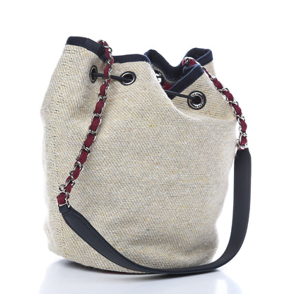 Chanel Striped Canvas Deauville Drawstring Bag Beige 3 of 9