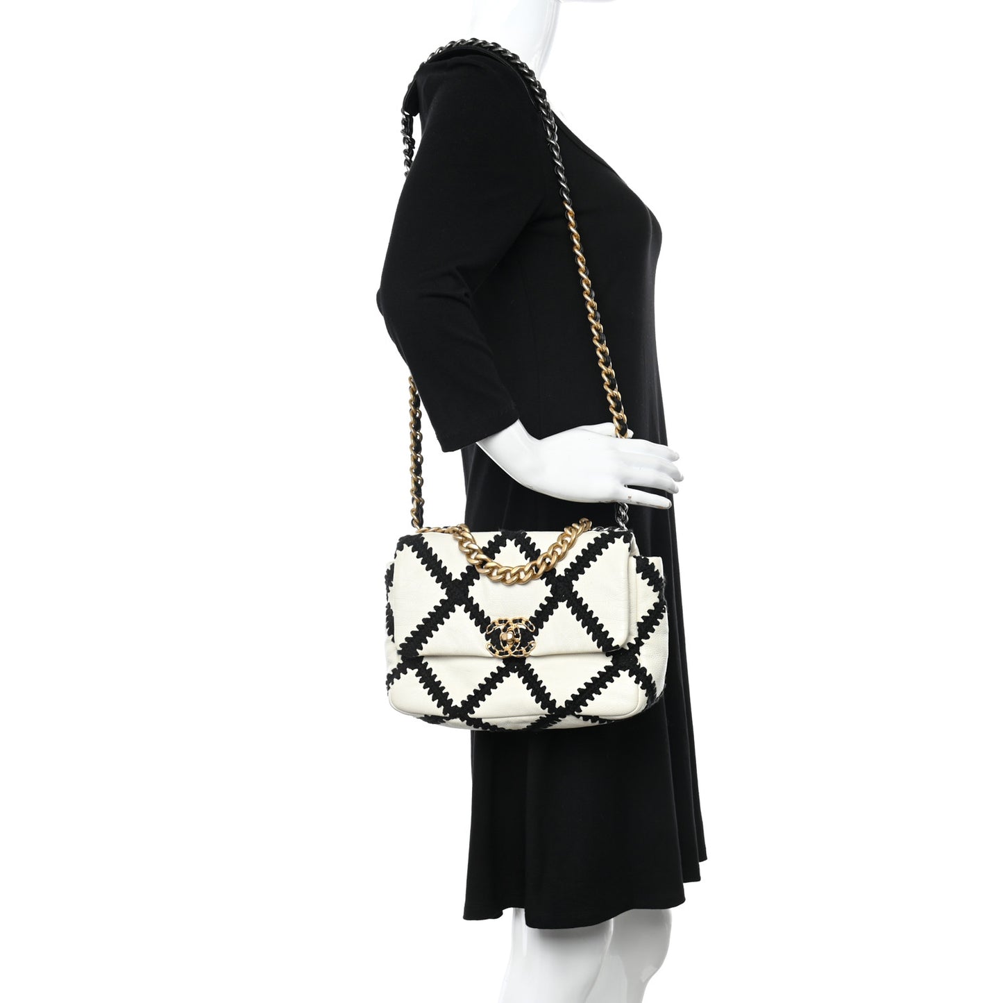 Calfskin Crochet Medium Chanel 19 Flap White Black