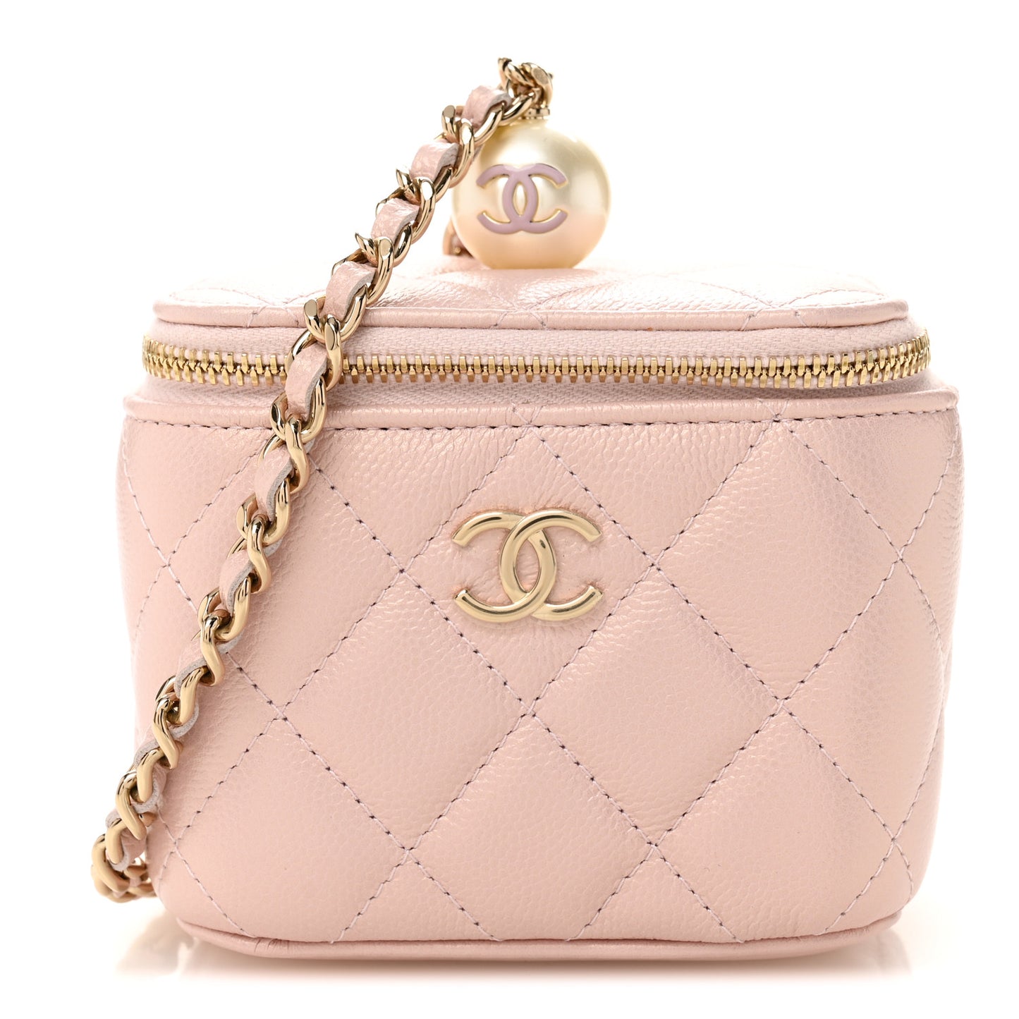 Iridescent Caviar Quilted Mini Pearl On Top Vanity Case With Chain Light Pink