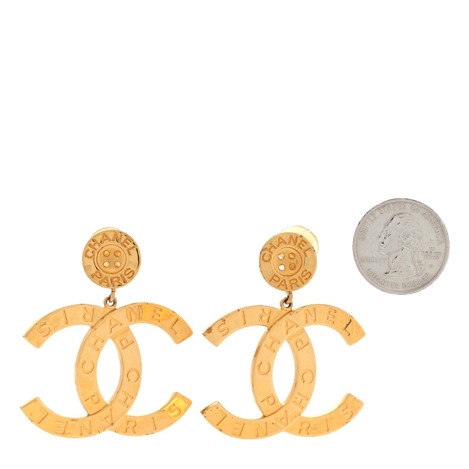 Chanel Metal Large Paris Button Clip On Earrings Gold 2 of 6