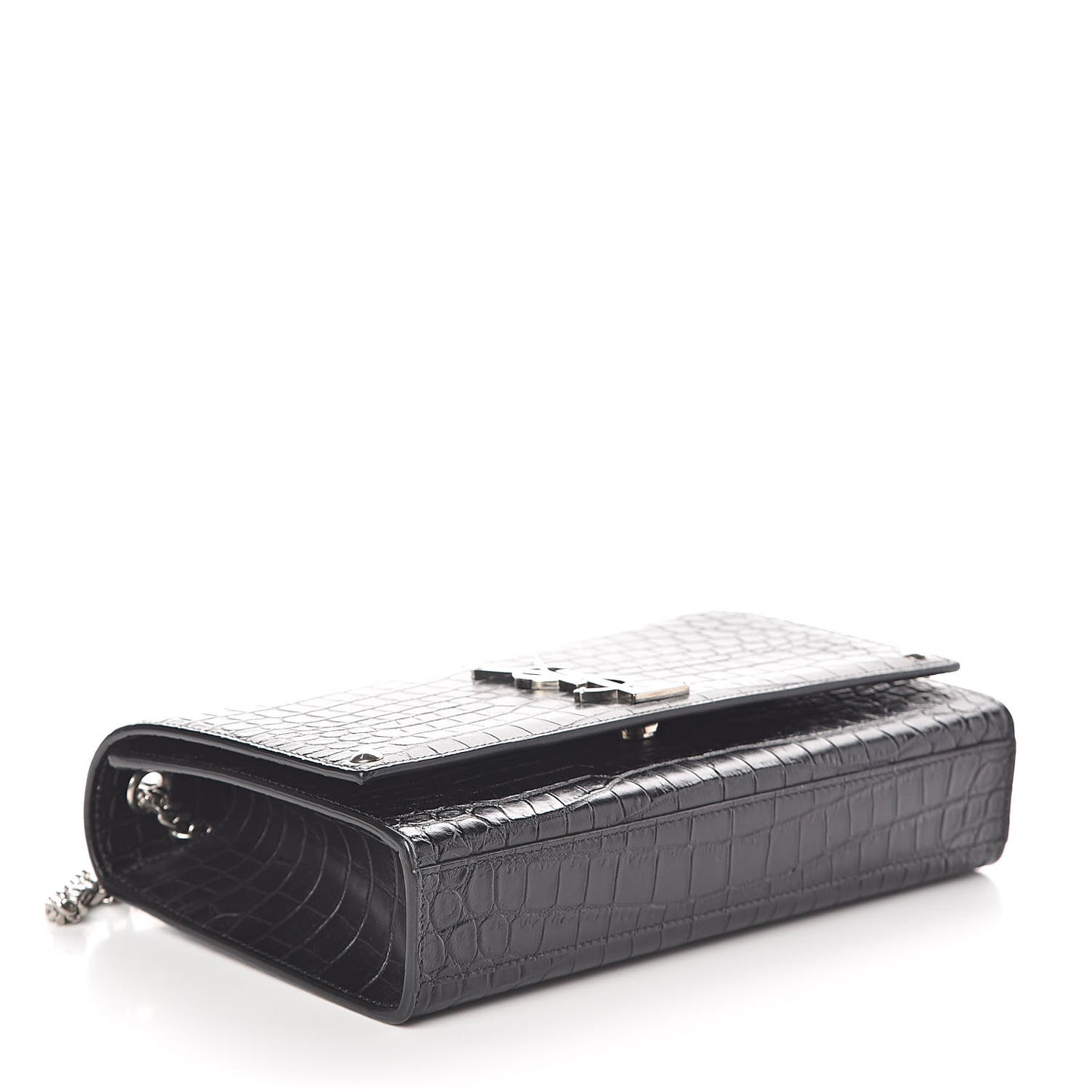 Calfskin Crocodile Embossed Medium Classic Monogram Kate Satchel Black