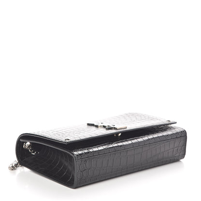Saint Laurent Calfskin Crocodile Embossed Medium Classic Monogram Kate Satchel Black 4 of 9