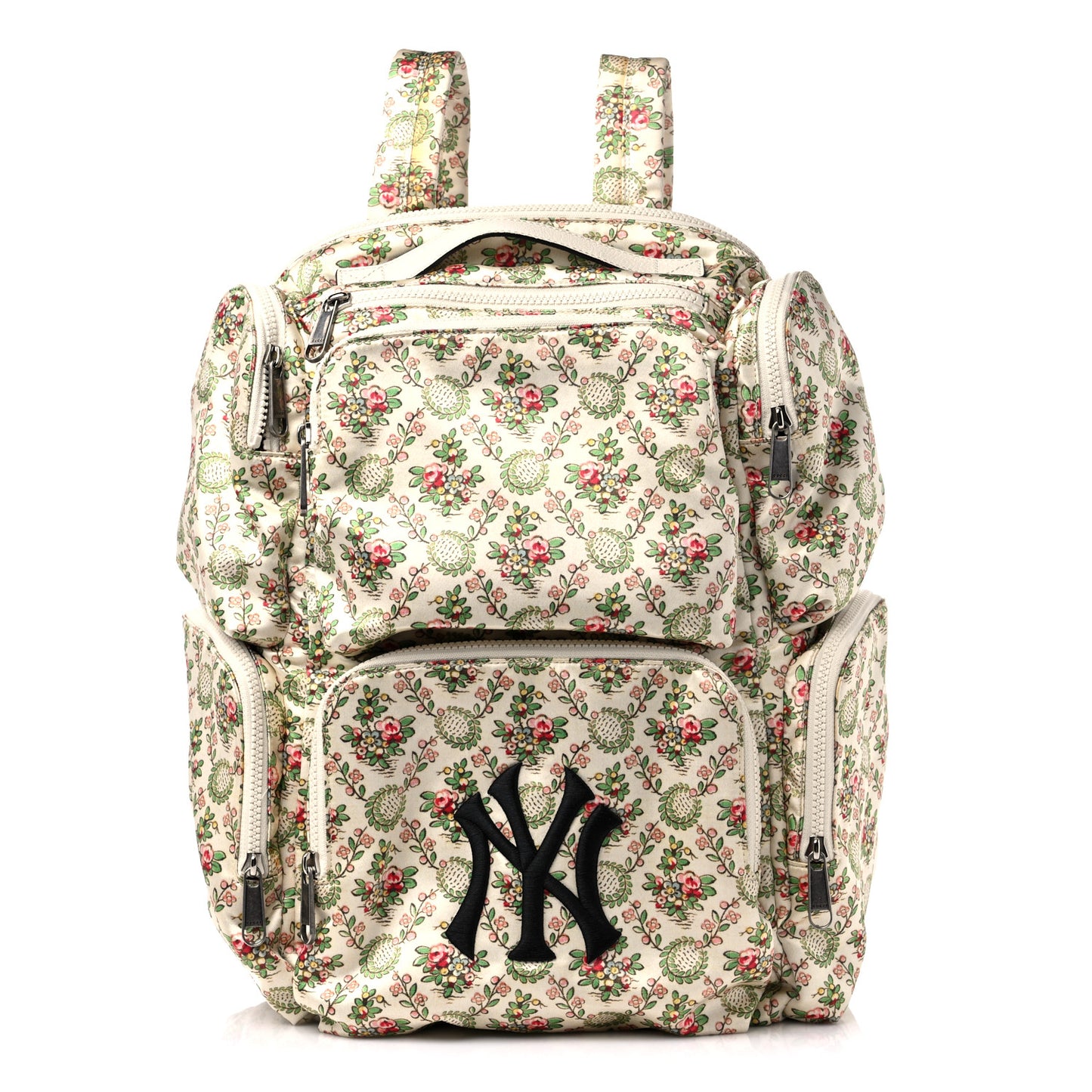 X MLB Satin Floral Print NY Yankees Patch Backpack Ivory Green