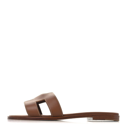 Hermes Box Calfskin Oran Sandals 37.5 Gold 1 of 9
