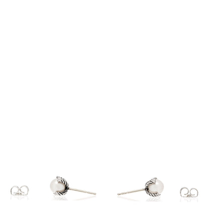 David Yurman Sterling Silver Diamond Pearl 6-6.5mm Cable Stud Earrings 3 of 6
