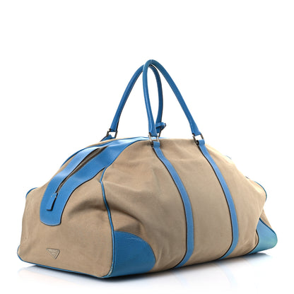 Prada Canvas Calfskin Duffle Beige Blue 3 of 20