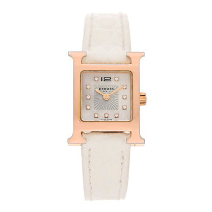 Hermes Stainless Steel Alligator Diamond Mother of Pearl 17.2mm Heure H Hour Quartz Watch Blanc 1 of 6