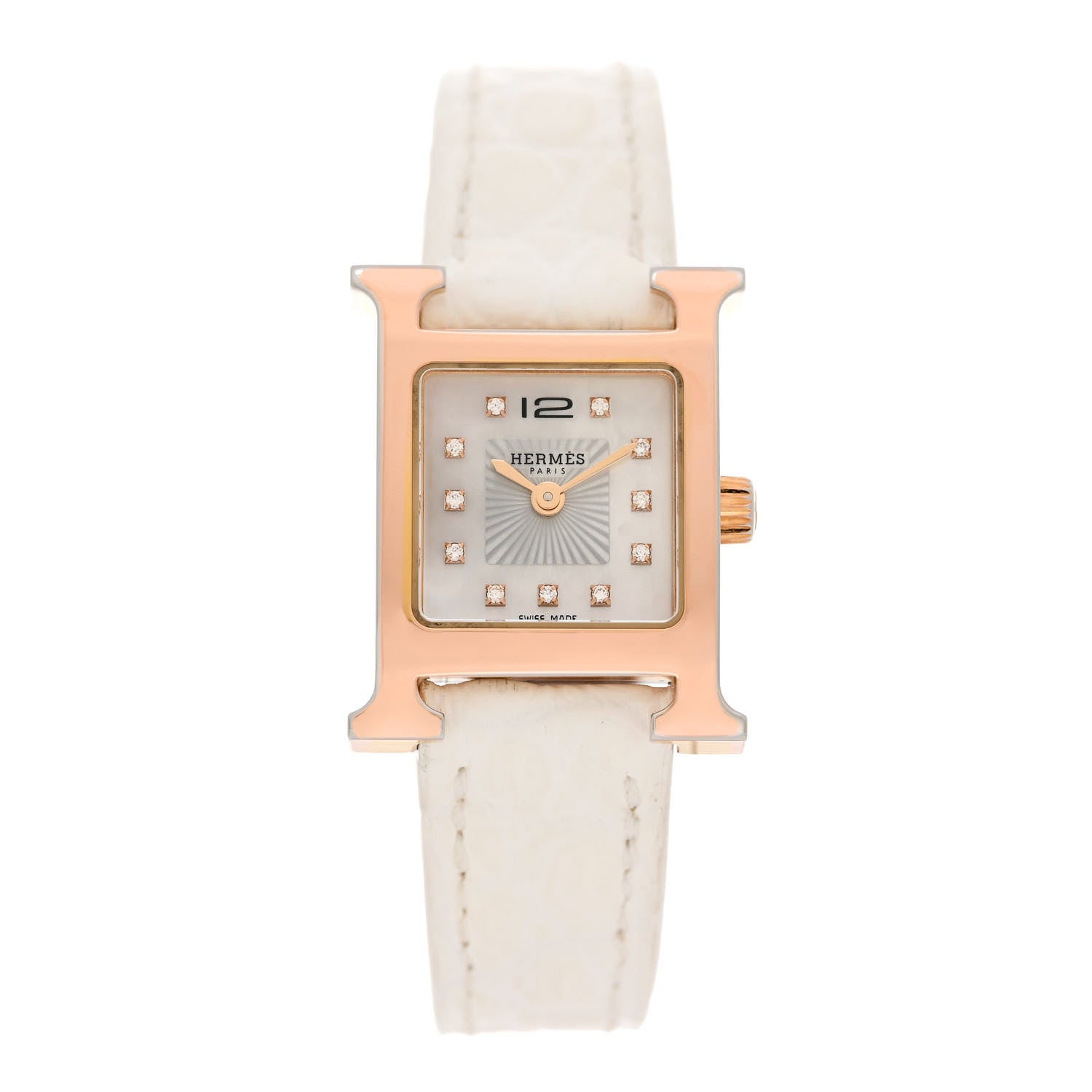 Hermes Stainless Steel Alligator Diamond Mother of Pearl 17.2mm Heure H Hour Quartz Watch Blanc 1 of 6