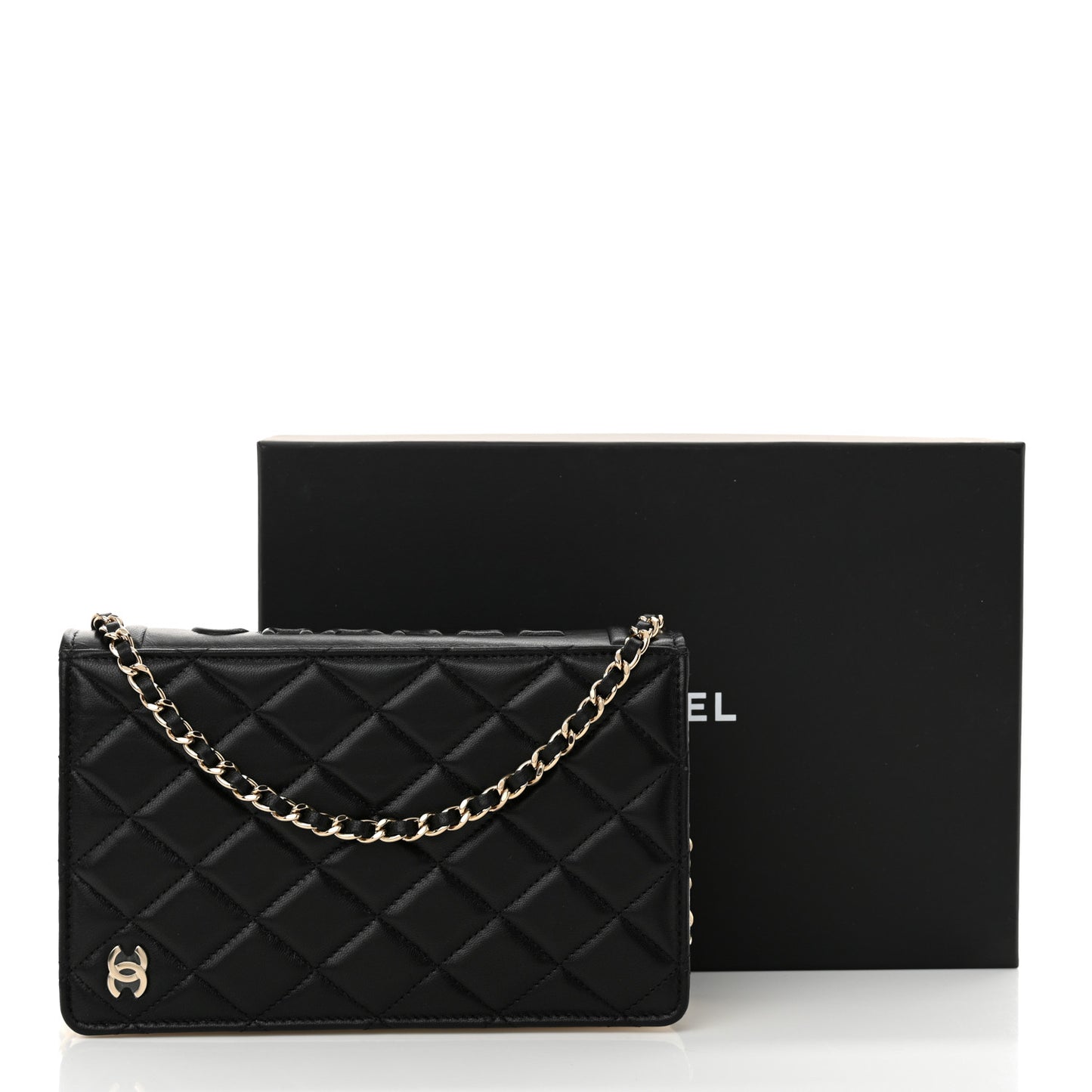 Lambskin Quilted Book Wallet On Chain WOC Black