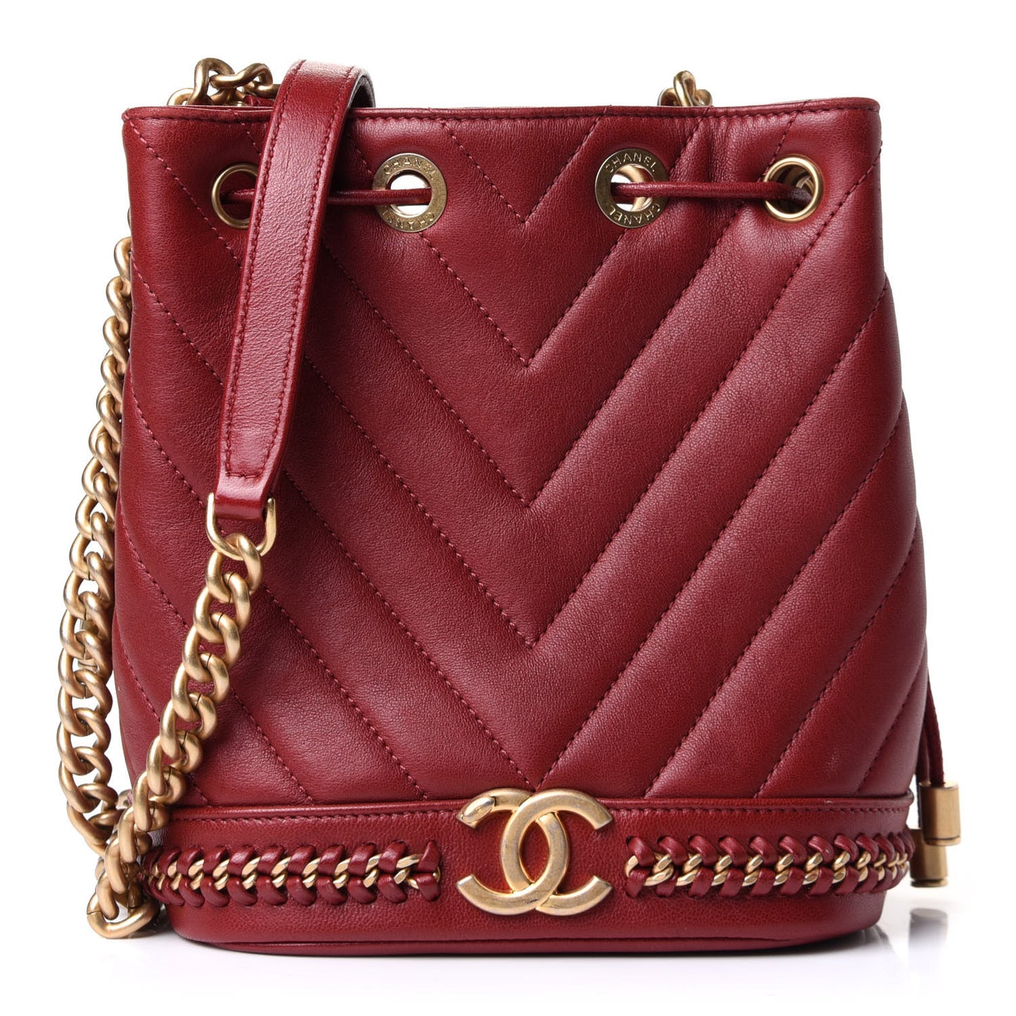 Sheepskin Chevron Quilted Small Drawstring Bag Dark Red