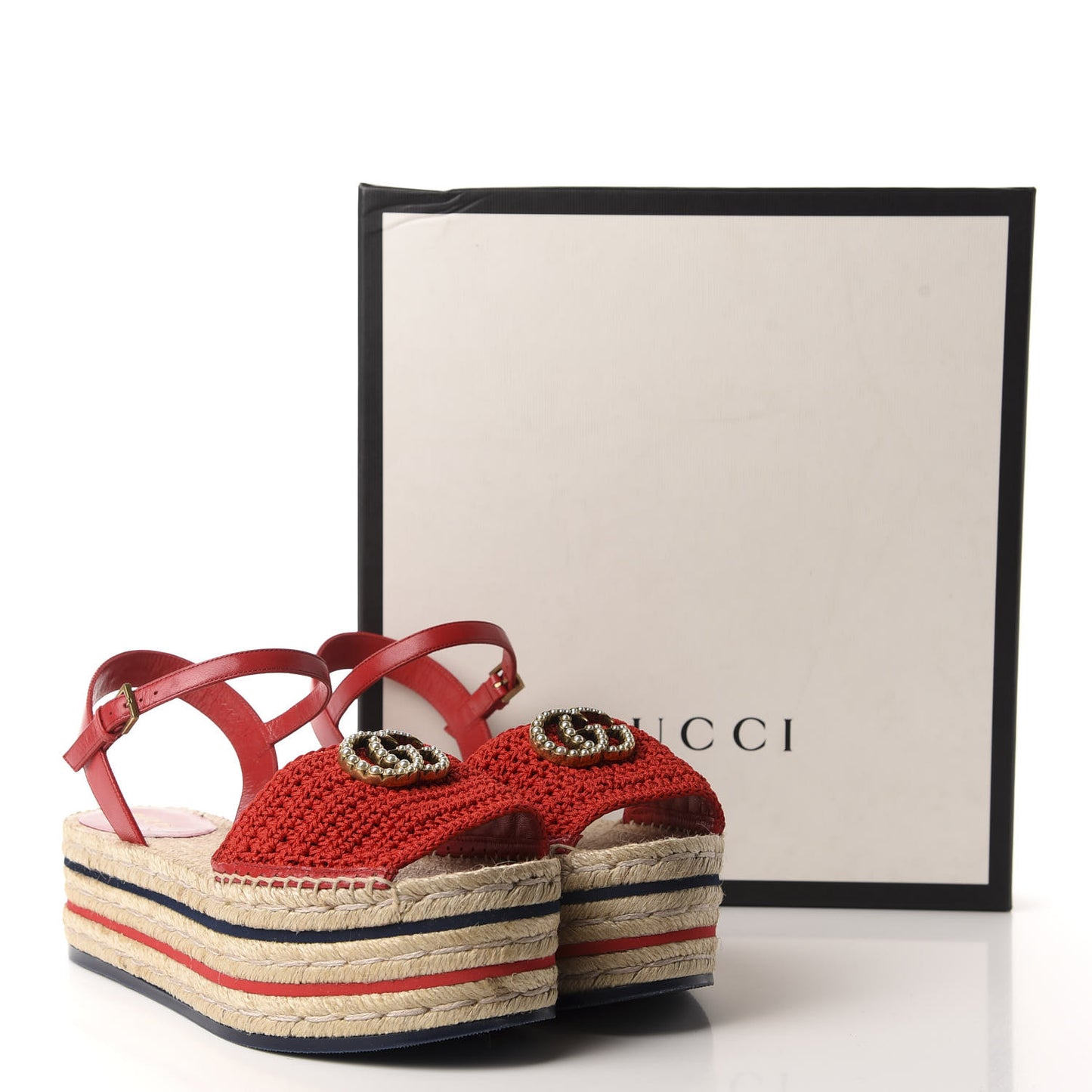 Cotton Malaga Kid Crochet Pearly GG Lilibeth Espadrille Platform Sandals 38 Hibiscus Red