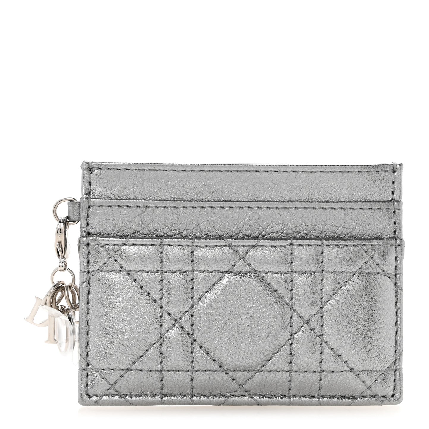 Metallic Calfskin Cannage Lady Dior Freesia Card Holder Acciaio Metal