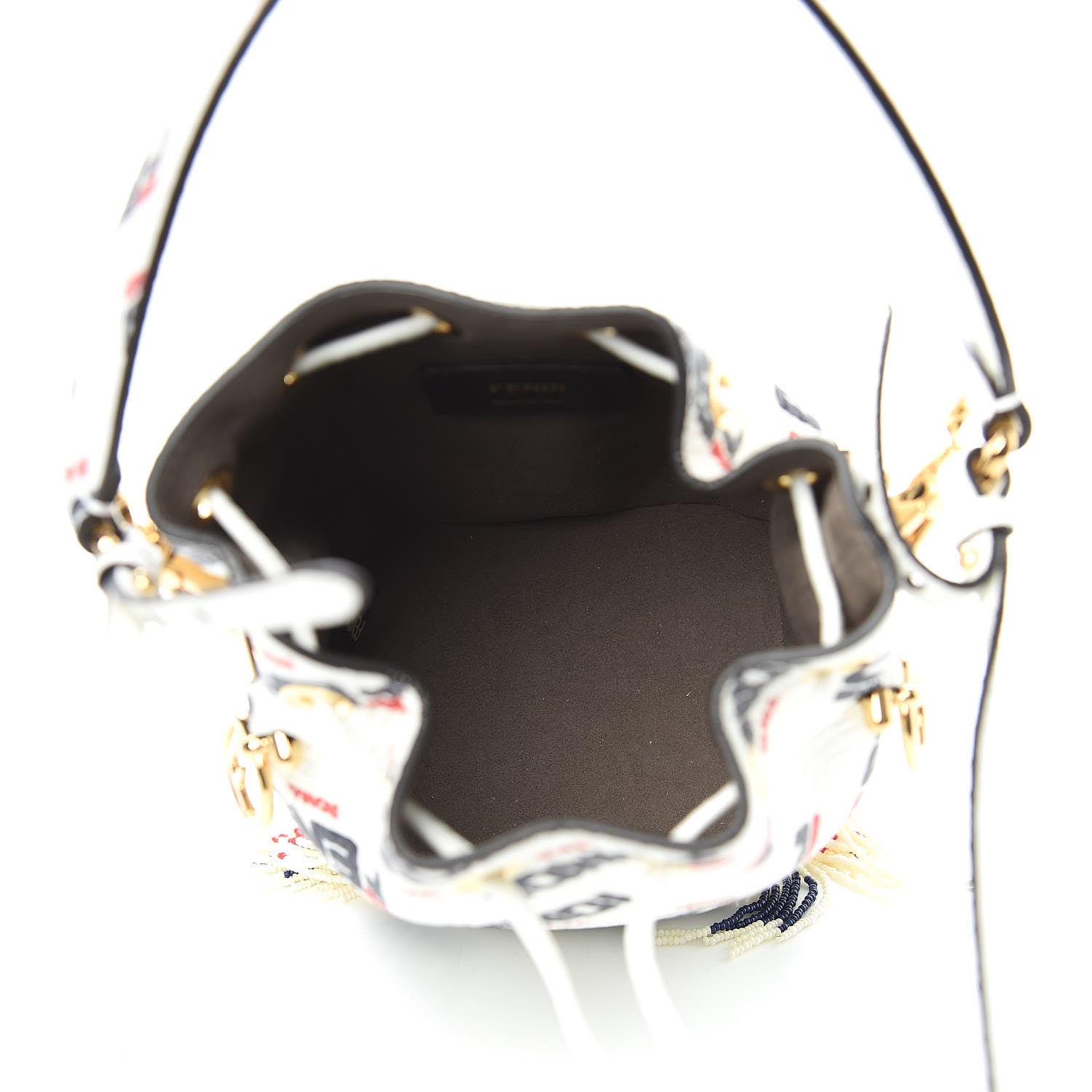 Fendi X FILA Calfskin F is Fendi Mania Fringe Mini Mon Tresor Bucket Bag White 5 of 11