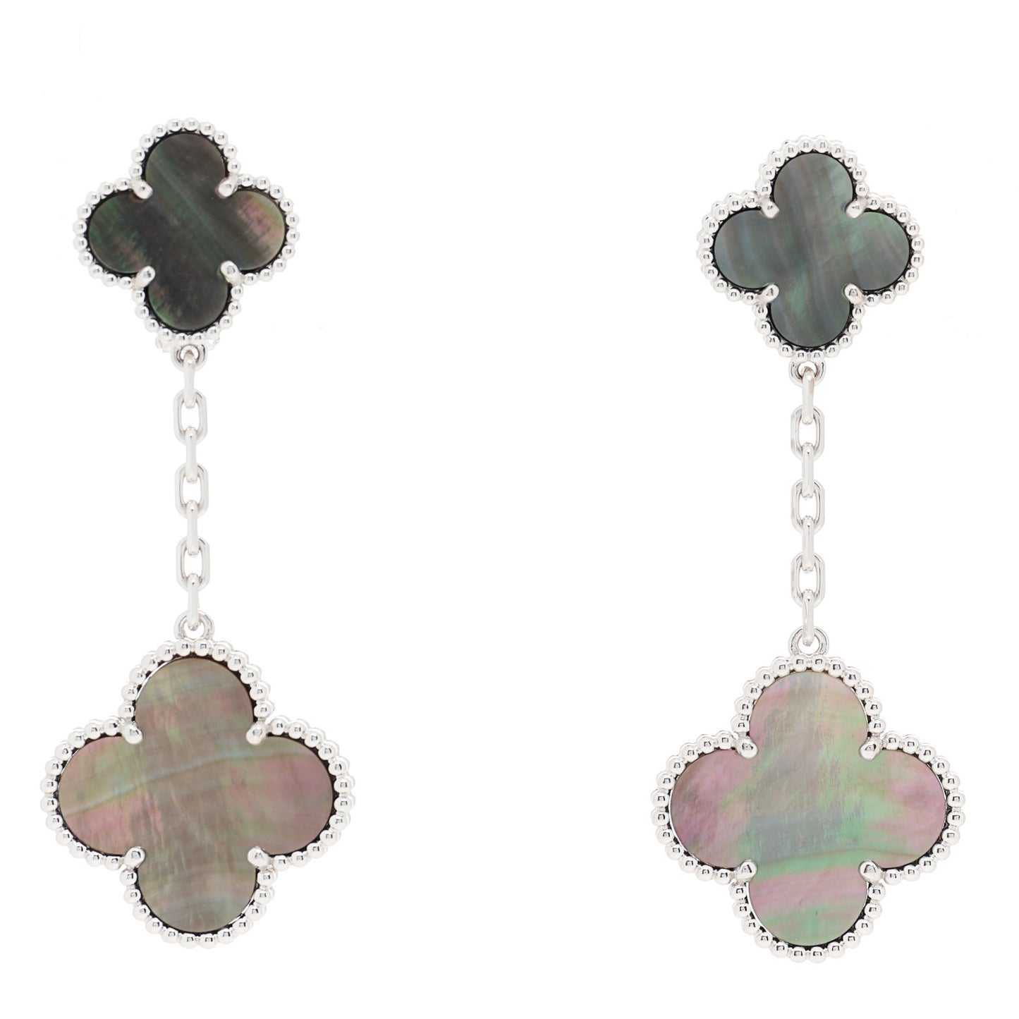 18K White Gold Gray Mother of Pearl 2 Motifs Magic Alhambra Earrings