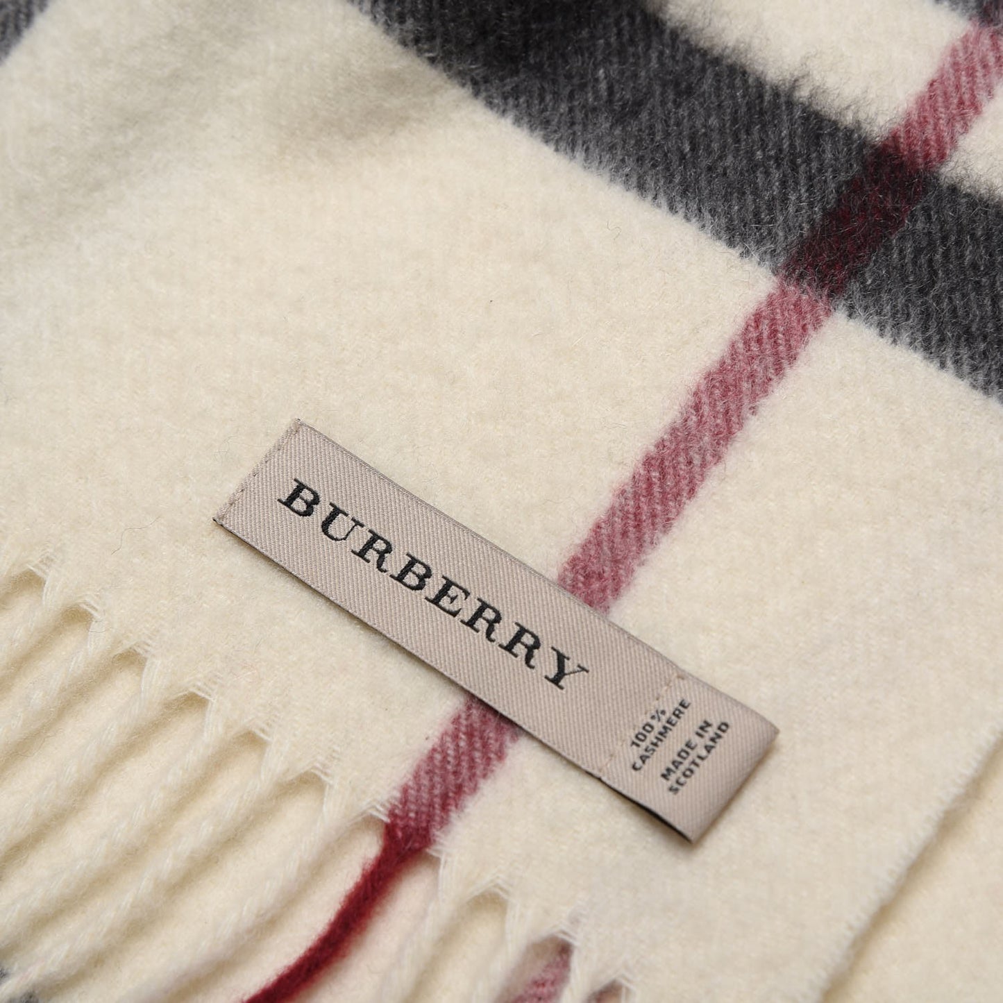 Cashmere Giant Check Fringe Scarf Ivory