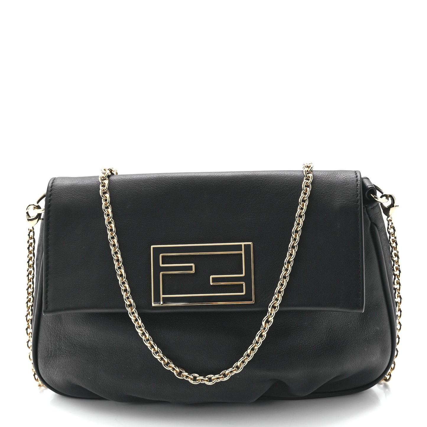Vitello Flamingo Enamel Fendista Pouchette Crossbody Black
