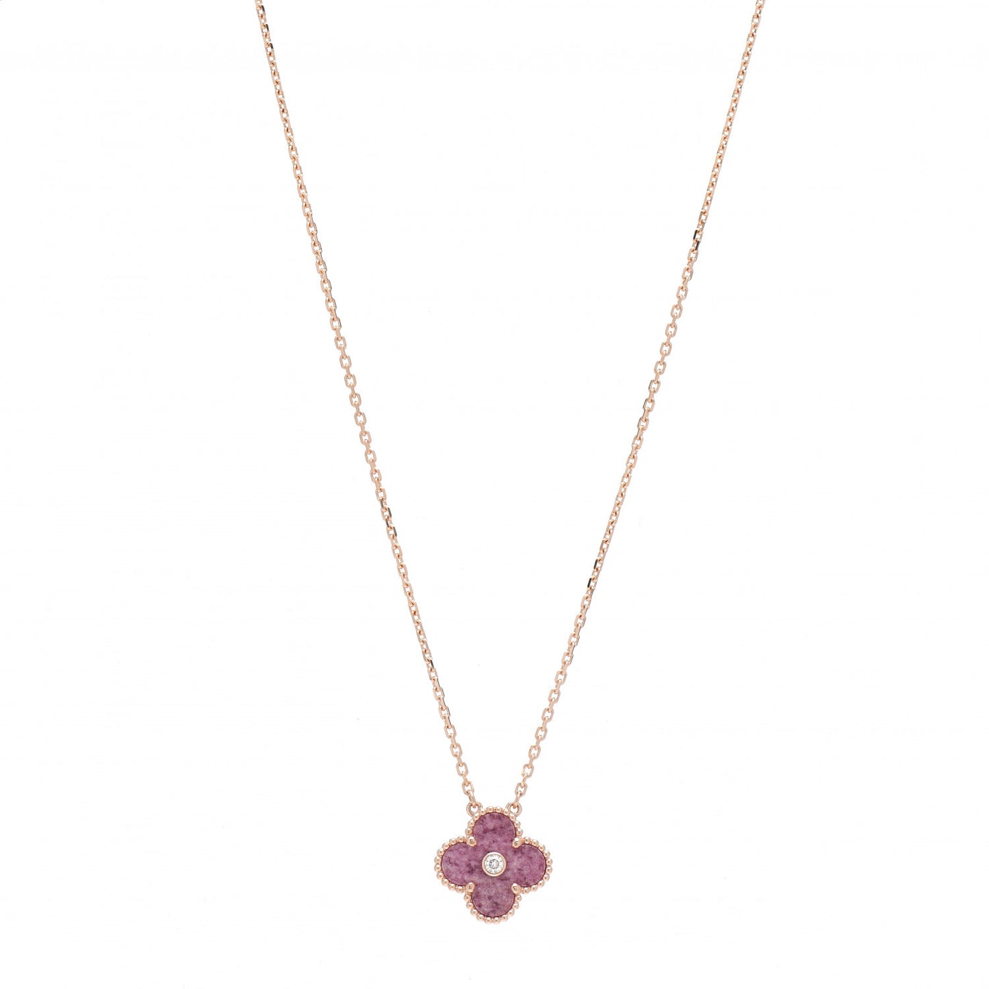 18K Rose Gold Diamond Rhodonite Vintage Alhambra Pendant Necklace