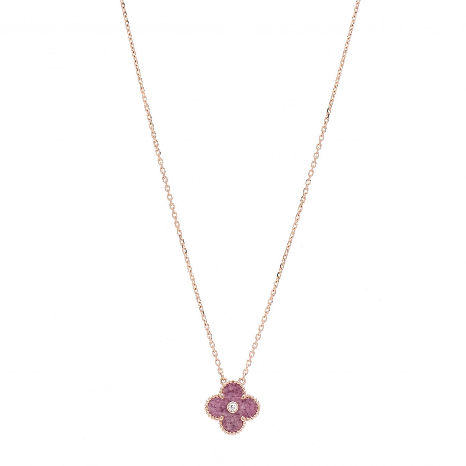 Van Cleef & Arpels 18K Rose Gold Diamond Rhodonite Vintage Alhambra Pendant Necklace 1 of 5