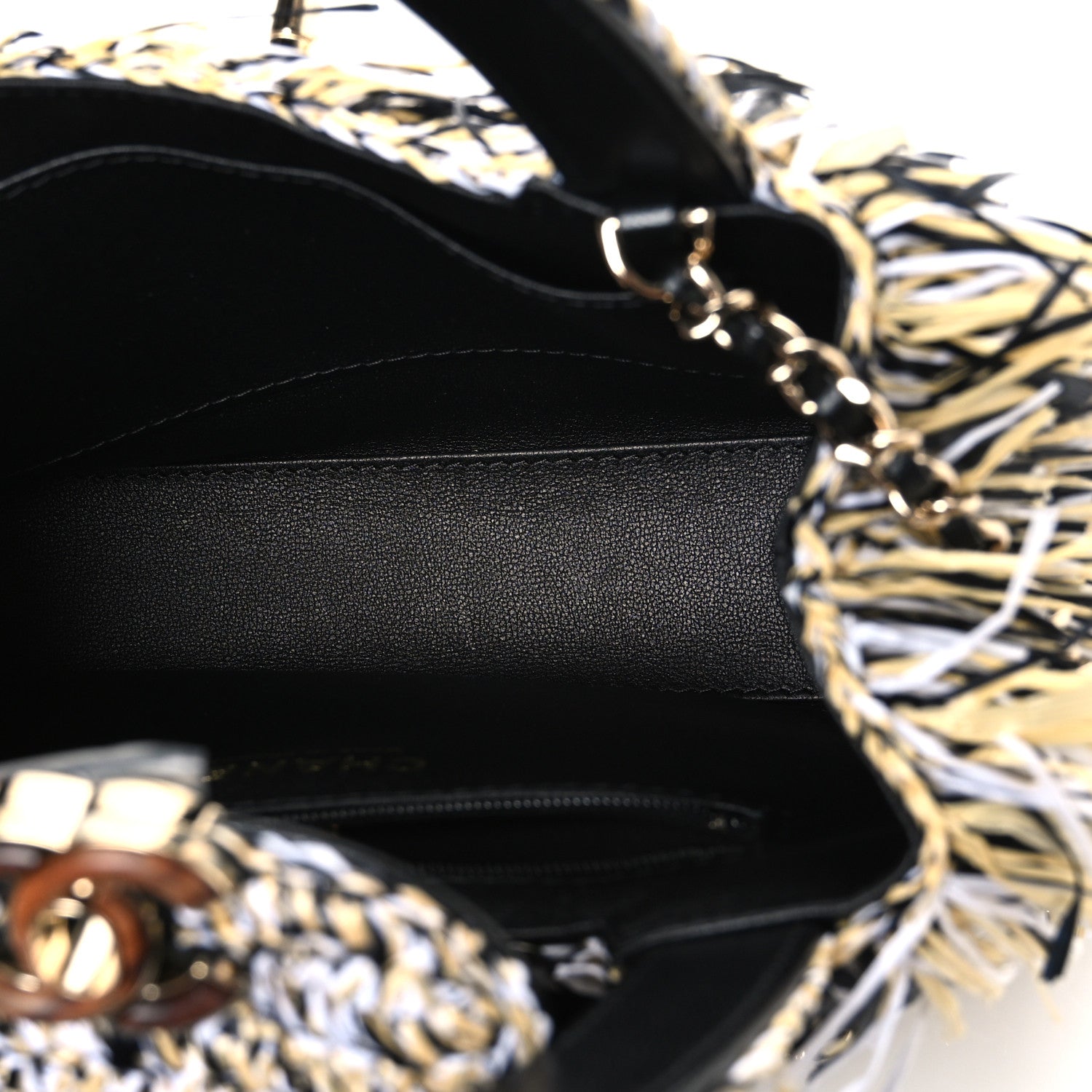 Chanel Raffia Fringe Nano Kelly Shopper Yellow Black White 5 of 10