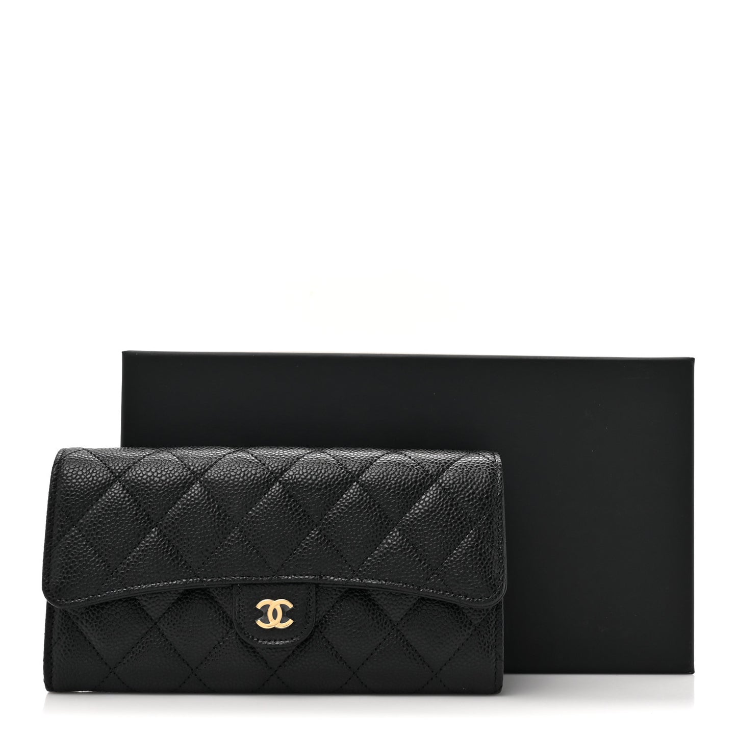 Caviar Quilted Large Gusset Flap Wallet Black