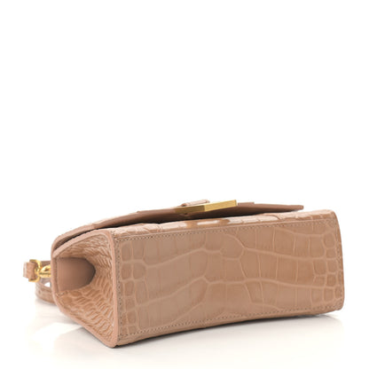 Balenciaga Shiny Calfskin Crocodile Embossed Hourglass Top Handle Bag XS Nude Beige 4 of 11