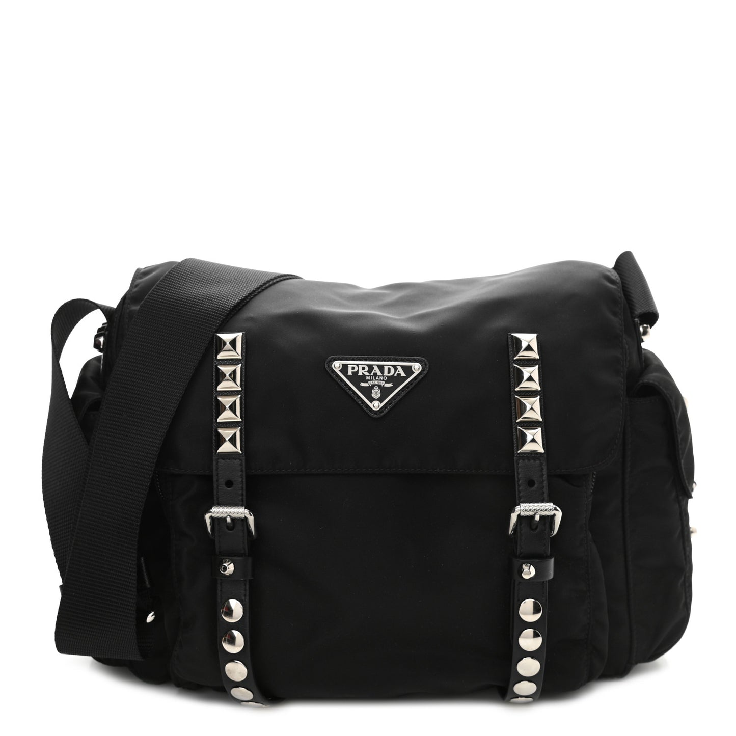 Nylon New Vela Studded Messenger Bag Black