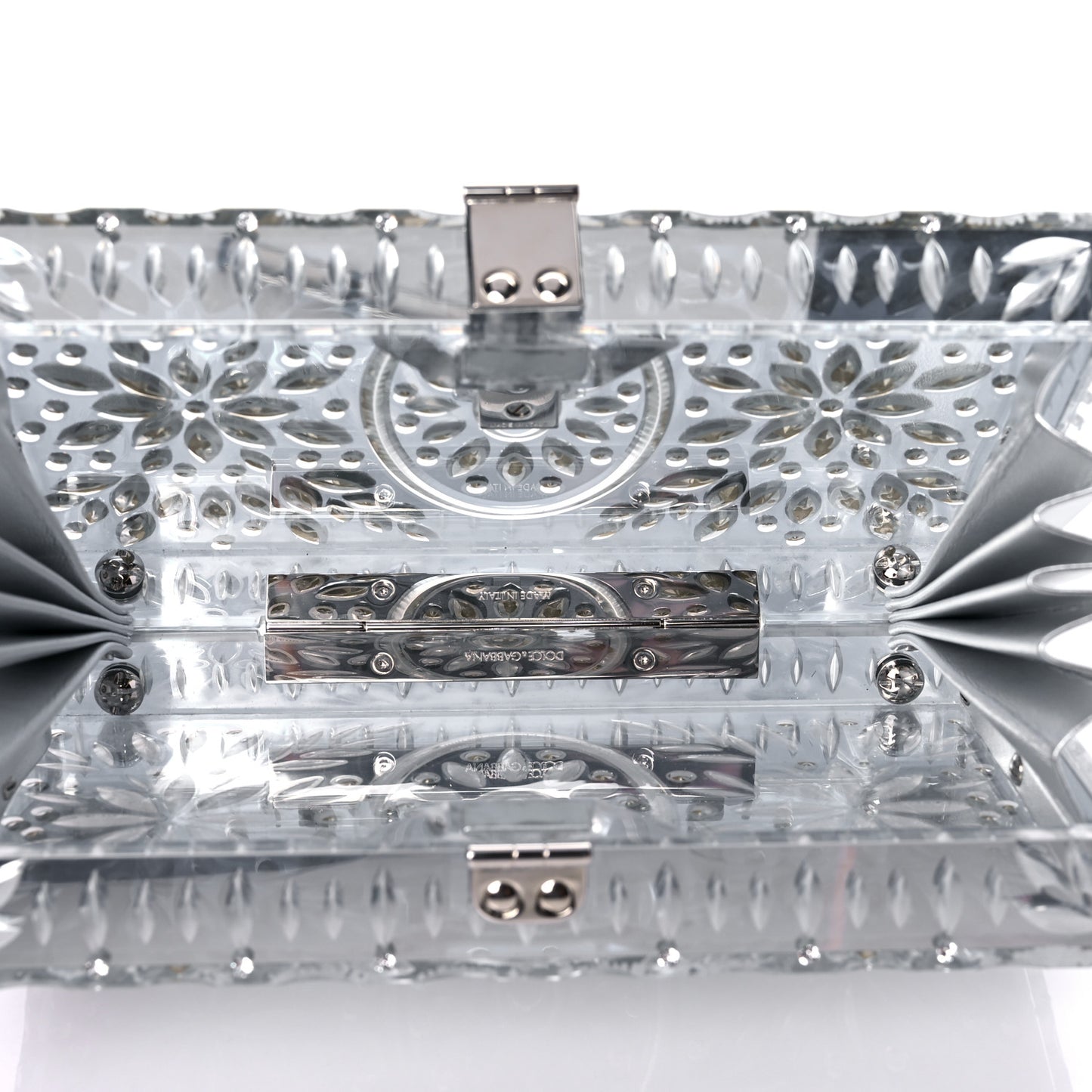 Crystal Embellished Plexiglass Dolce Box Clutch Silver