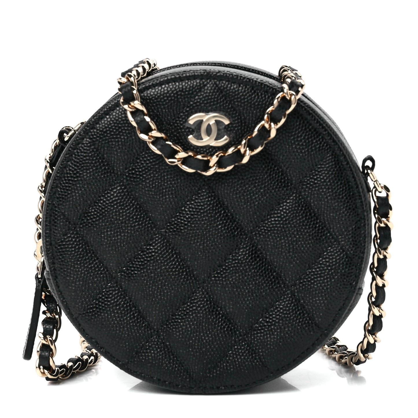 Caviar Quilted Round Clutch With Chain Black