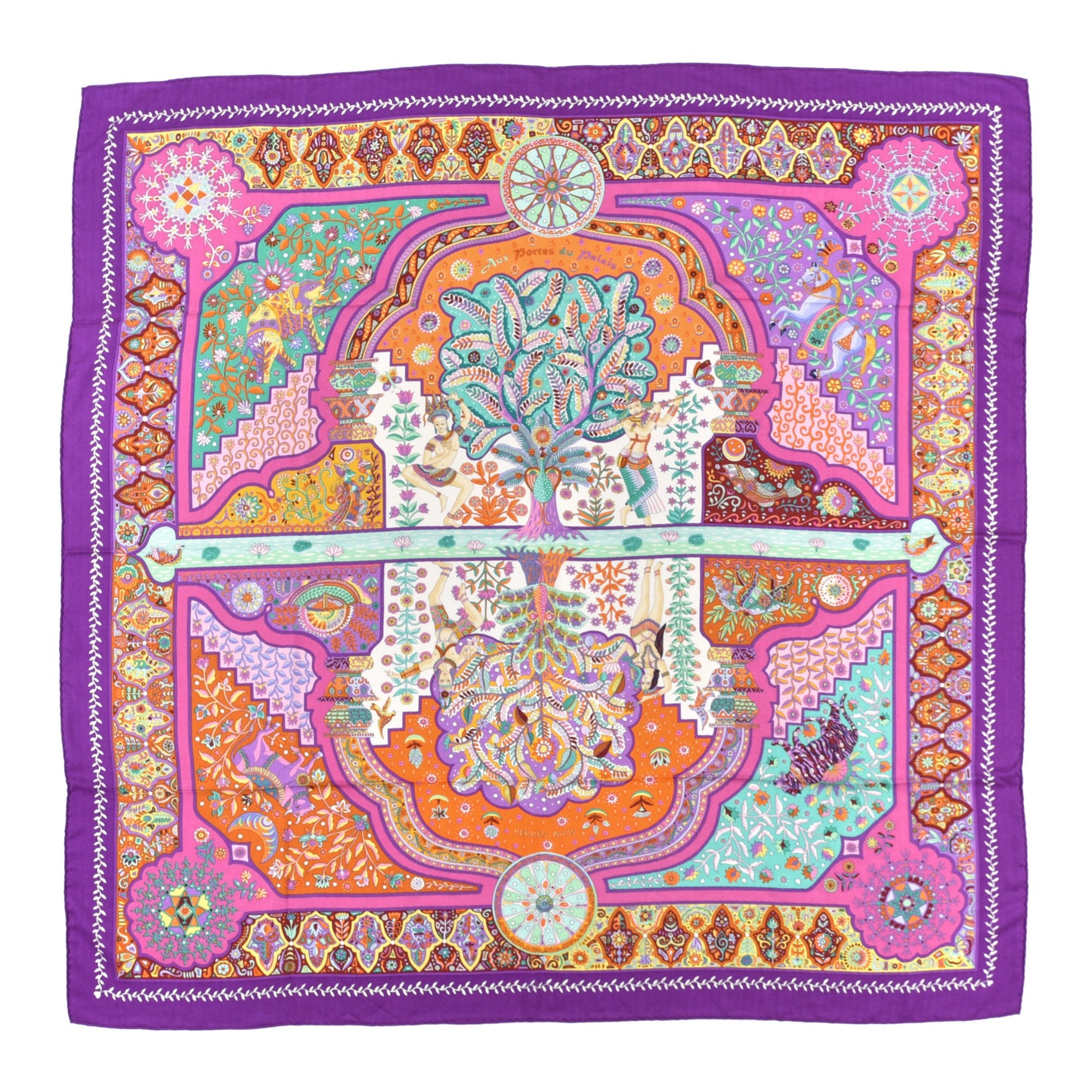 Cashmere Silk Aux Portes Du Palais Shawl 140 Violet Orange Vert