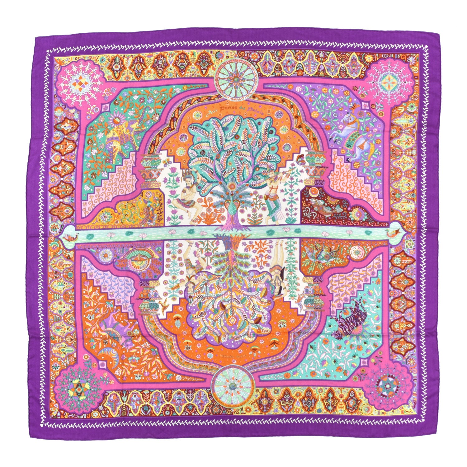 Hermes Cashmere Silk Aux Portes Du Palais Shawl 140 Violet Orange Vert 1 of 5