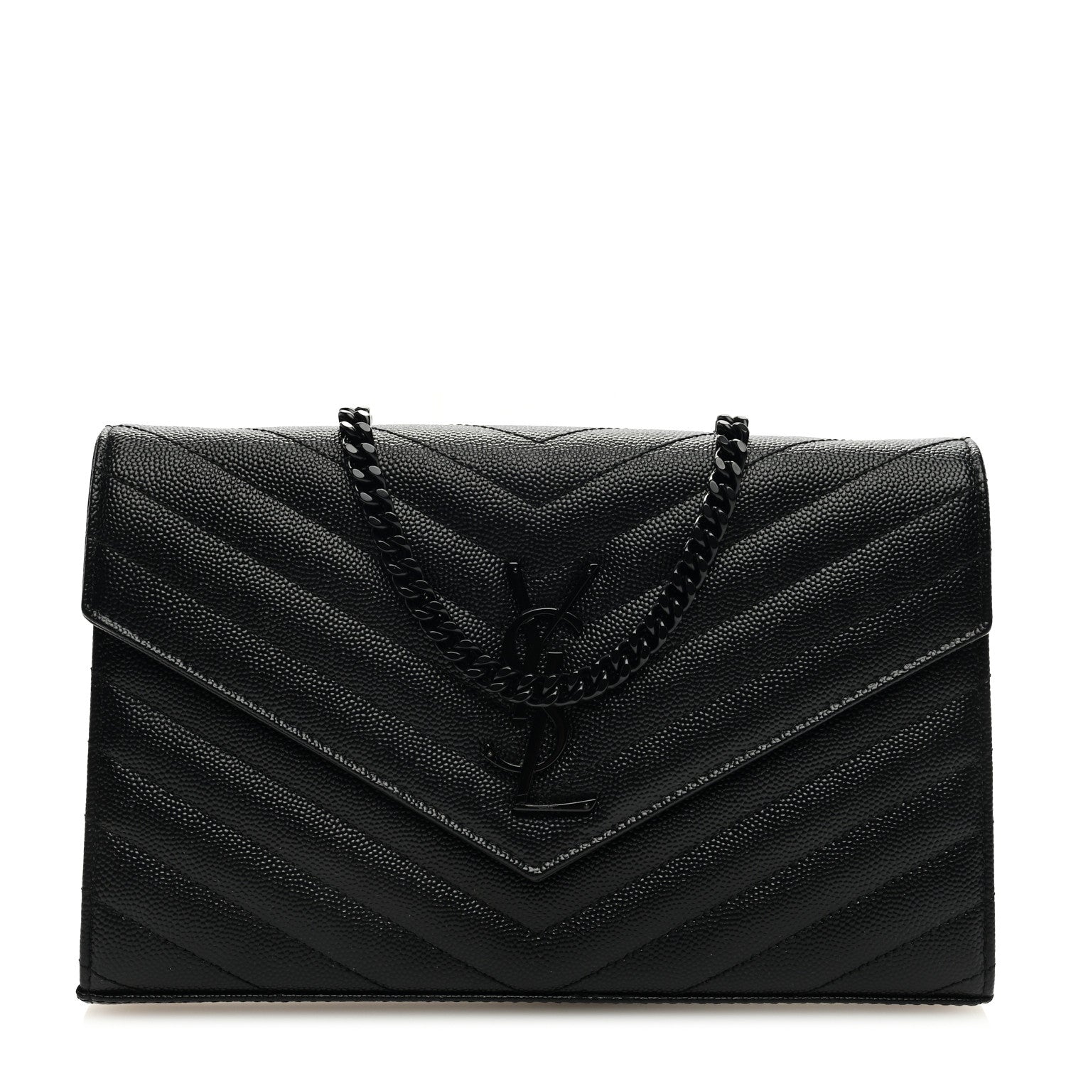 Saint Laurent Grain De Poudre Matelasse Chevron Monogram Monochrome Chain Wallet Black 1 of 8