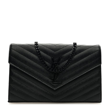 Saint Laurent Grain De Poudre Matelasse Chevron Monogram Monochrome Chain Wallet Black 1 of 8