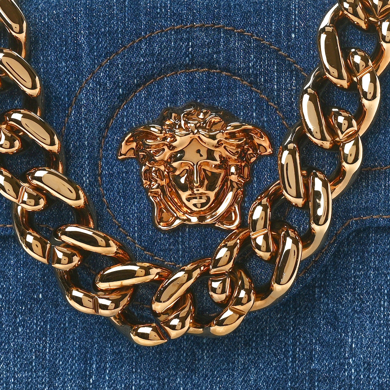 Versace Denim Small La Medusa Chain Top Handle Bag Navy Blue