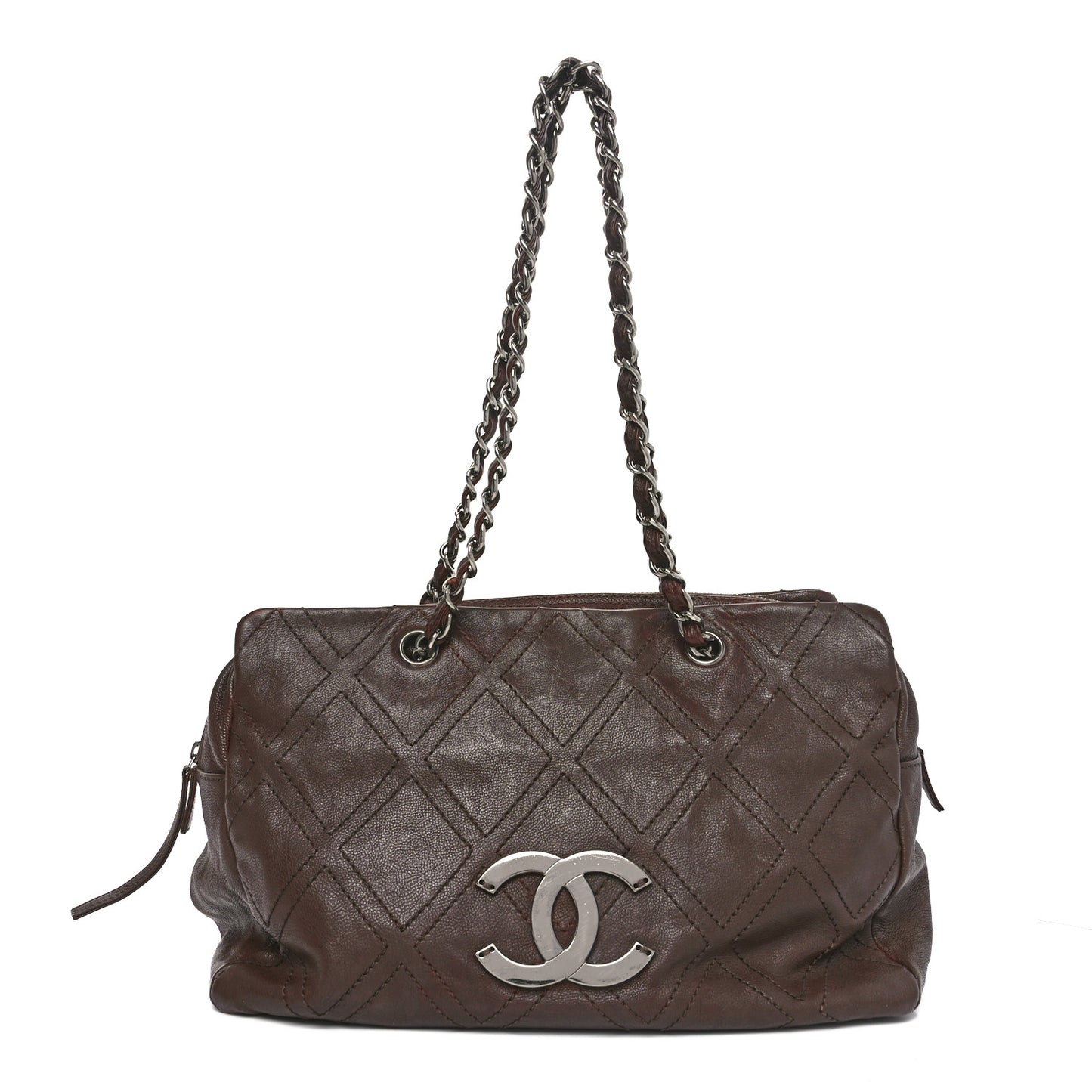 Calfskin Diamond Stitch Small Tote Dark Brown
