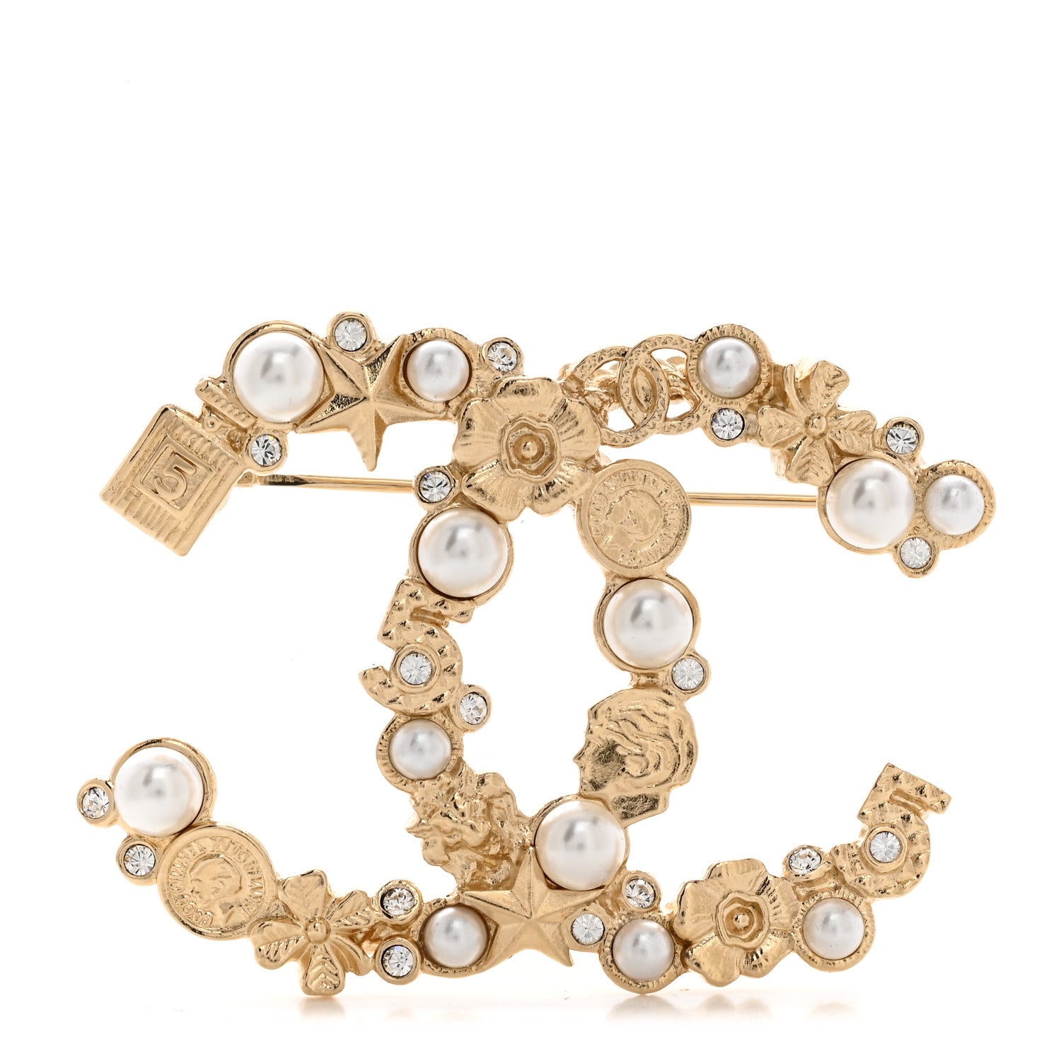 Chanel Crystal Pearl CC Charms Brooch Gold 1 of 4